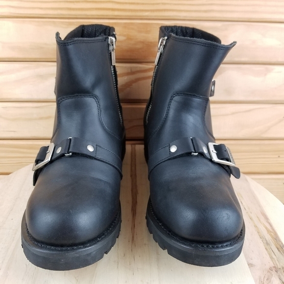 XELEMENT Black Leather Biker Boots Motorcycle Riding Two Buckle Side Zip LU1474 - Picture 3 of 14